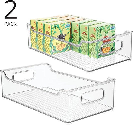 mDesign Wide Plastic Kitchen Storage Container Bins with Handles -Organization in Pantry, Cabinet, Refrigerator or Freezer Shelves - Food Organizer for Fruit, Yogurt, Squeeze Pouches - 2 Pack - Clear