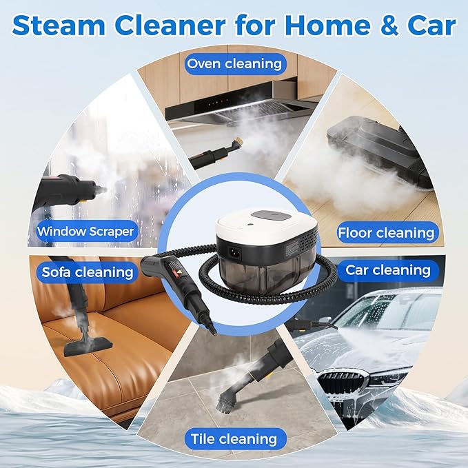 Powerful Steam Cleaner, 3-Level Adjustable Steam Cleaner for Home & Car, Multipurpose Canister Steam Cleaner, 15s Heat-Up & 1.6L Large Tank, Suitable for Cars, Floors, Kitchens and Bathrooms