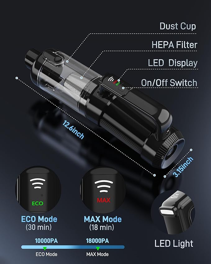 Handheld Vacuum Cordless, 18000PA Strong Suction Car Vacuum Cleaner Portable with Brushless Motor & LED Light, Hand Vacuum with Multi-Nozzles & Washable Filter for Home Office, Car, Pets