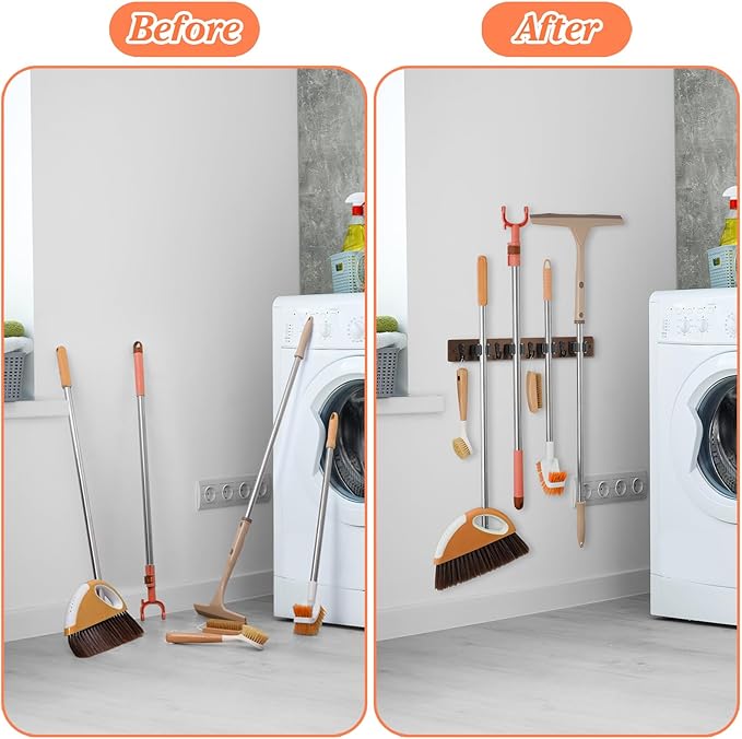Broom Holder Wall Mount - Heavy Duty Wood Mop and Broom Organizer with 4 Slots & 4 Hooks - Garden Tool Hanger for Laundry Room Closet Kitchen Garage Storage and Organization - Modern Home Decor