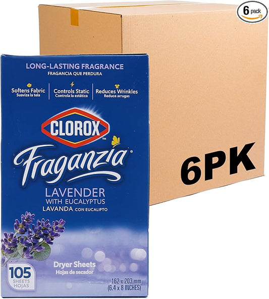 Clorox Fraganzia Fabric Softener Dryer Sheets, Lavender Scent - Wrinkle Reducing Scented Softening Laundry Sheets for Great Smelling Clothes, 105 Count - 6 Pack
