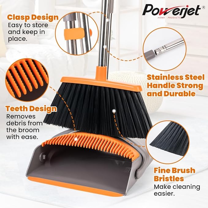 POWERJET Upright Broom & Dustpan Set (420900), Angled Lobby Broom, Exclusive Long Handle Extendable 52”, Self-Cleaning with Dustpan Teeth, Sweeping Indoor & Outdoor Home & Office Cleaning