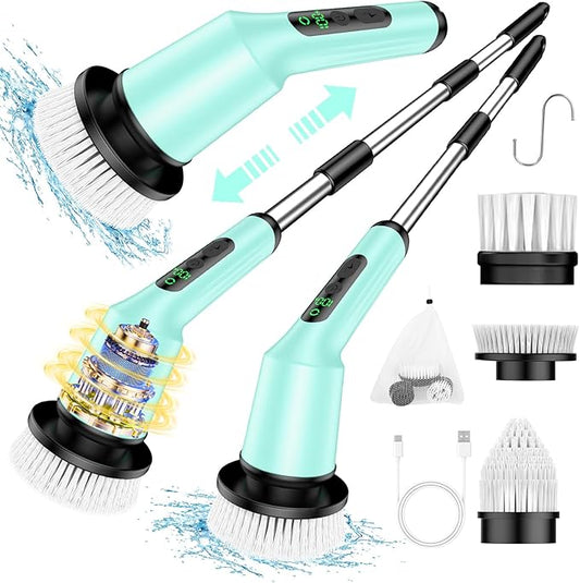 Electric Spin Scrubber for Cleaning Bathroom, Shower Scrubber Cordless Cleaning Brush with IPX7 Waterproof & 2 Speed, 3 Brush Heads, Bathroom Cleaning Supplies for Toilet Shower Tub Mint Green