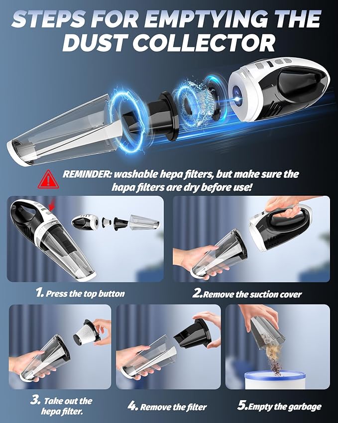 BRL Handheld Vacuum Cordless, Car Vacuum Cleaner with Powerful Suction, 2 Modes Mini Hand Vacuum, Dry & Wet, LED Light, Portable Vacuum for Car Pet Hair, Home, Office, Keyboards White Sliver