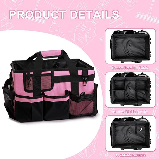 Large Cleaning Caddy Tote Bag with 4 Foldable Dividers Sturdy Support Board, Waterproof Cleaning Tools Organizer with Adjustable Shoulder Strap Waist Belt for Housekeepers, Cleaners Professional Use