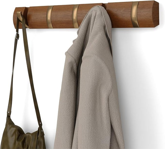 Umbra Flip Wall-Mounted Coat Rack with 5 Hooks – Modern, Space-Saving Storage for Hats, Jackets, Bags, Entryway, Mudroom, Closet, Bathroom, Bedroom – Light Walnut/Gold