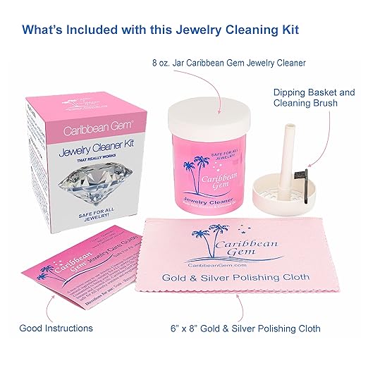 Jewelry Cleaner Kit 8oz with Basket, Brush & Polishing Cloth - All Purpose Jewelry Cleaner Solution for Gold, Silver, Diamonds, Rings, Necklaces, Gems, Precious Stones & Metals