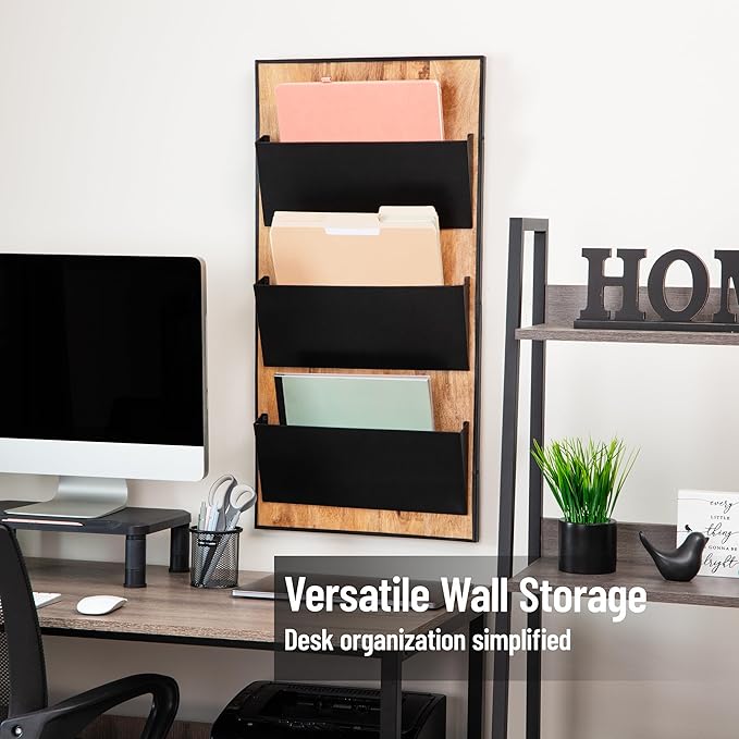 Mind Reader 3-Tier Wall-Mounted File Organizer, Wood and Metal Vertical Rack for Mail, Magazines, and Documents, Black