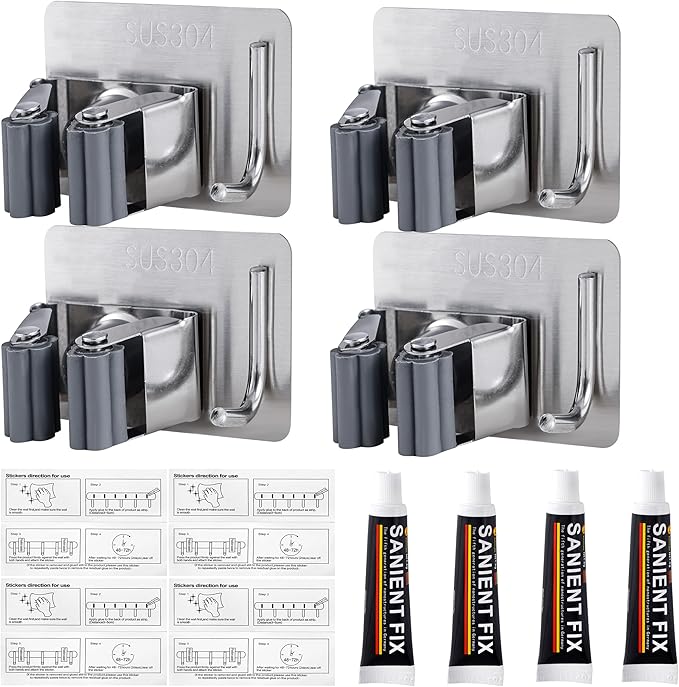 Broom Holder Self Adhesive No Drill Wall Mount Mop Broom Organizer with Hook Heavy Duty Stainless Steel Garden Tool Organizer Garage Storage and Organization Hanger (Silver + Grey)
