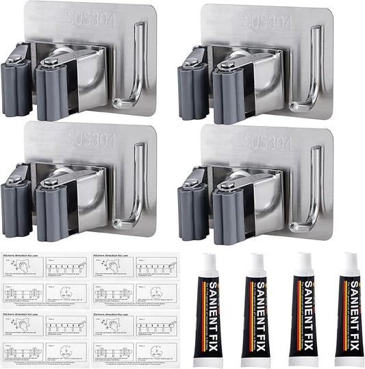 Broom Holder Self Adhesive No Drill Wall Mount Mop Broom Organizer with Hook Heavy Duty Stainless Steel Garden Tool Organizer Garage Storage and Organization Hanger (Silver + Grey)
