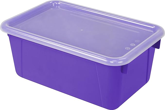 Storex Small Cubby Bins – Plastic Storage Containers for Classroom with Non-Snap Lid, 12.2 x 7.8 x 5.1 inches, Purple, (62411U05C) (Pack of 5)