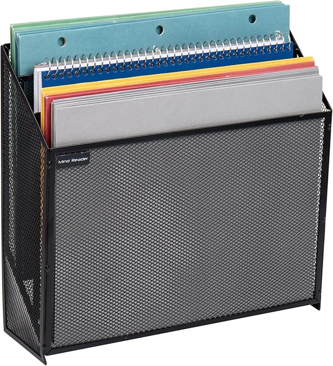 Mind Reader Vertical File Storage, Desktop Organizer, Wall Mount, Office, Metal Mesh, 12.5"L x 3.75"W x 11.5"H, Black