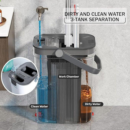Dual-Mop and Bucket Set, 3-Tank Flat Mop and Bucket System with Separate Dirty and Clean Water, Wall Cleaner Mop, Flat Mops for Floor Cleaning with 6 Microfiber Pads