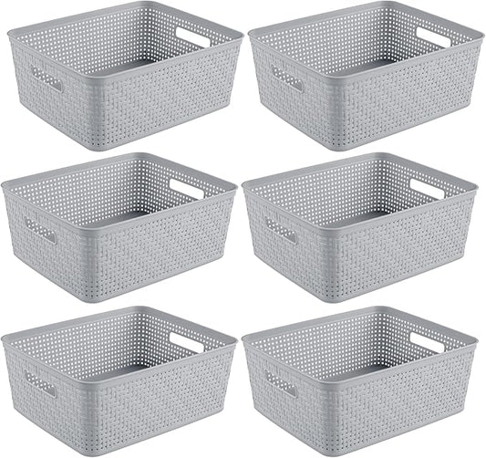 Sterilite 6-Pack Short Basket, Woven Plastic Storage Baskets for Organization, Cement - Organizing Bin Containers with Handles for Bedroom, Bathroom, Dorm, and Closet