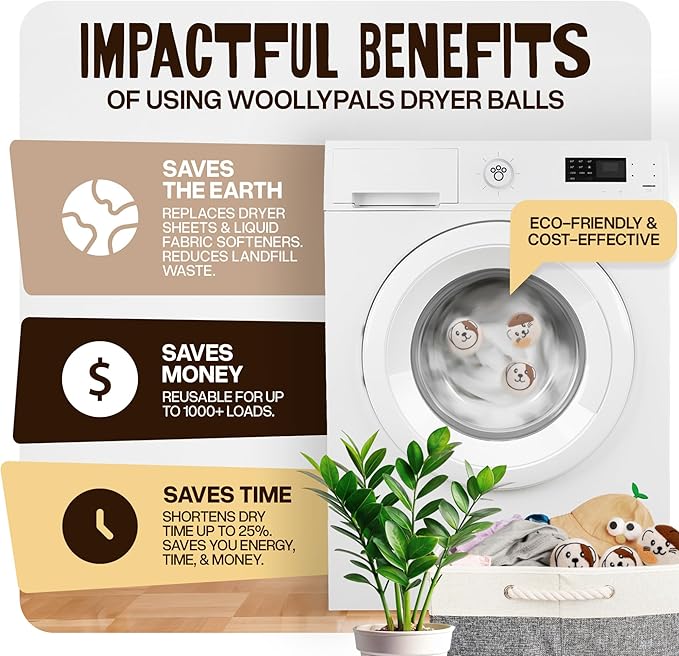 WoollyPals Wool Dryer Balls (6-Pack, XL Size)- 100% New Zealand Organic Wool - Sustainable & Eco-Friendly - Dry 1,000 Loads, Replaces Dryer Sheets, Reduces Static Cling, Reusable (Multi Colour)