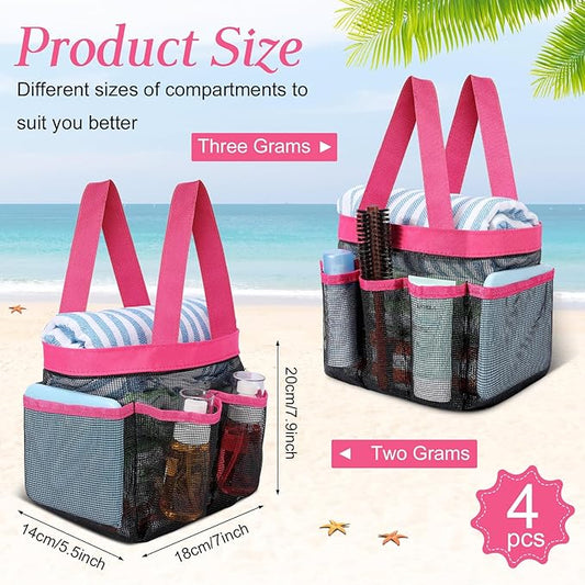 Hillban 4 Pcs Mesh Shower Caddy Portable Large Quick Dry Shower Caddy Basket with Deeper 8 Pockets and 2 Handles Hanging Bag for College Dorm Room(Rose Red)