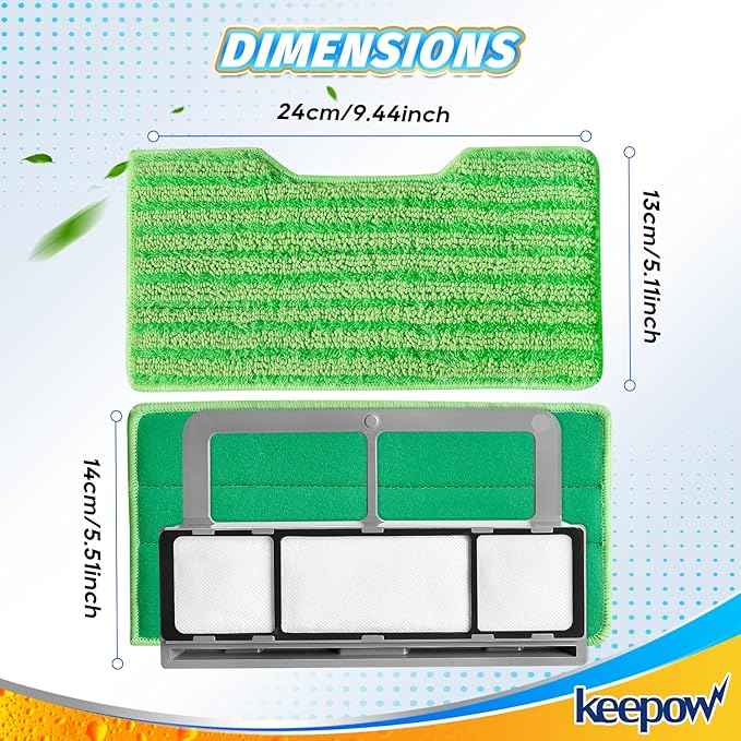 KEEPOW Reusable Microfiber Mop Pads Refills Compatible with Shark VACMOP VM252 VM200 VM401 VM180 VM252GN VC205 VM250 VM190 VM200P12, Upgraded Dirt Chamber for Hard Floor, Blue & Green, 1+1+1+1 Pack