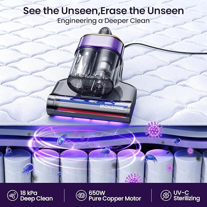 Bed Vacuum Cleaner, Mattress Vacuum with 2 Roller Brushes 253.7nm UV-C Light & Ultrasonic,145°F Heat, HEPA Filter, 18kPa Suction 650W Powerful Handheld Vacuums for Dust & Pet Hair(Corded)