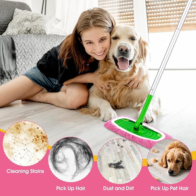 8Pcs Pink Reusable Mop Pads,Microfiber Mop Pads Compatible with Swiffer Sweeper, Dry Sweeping Cloths & Washable Wet Pads Refill for Floor