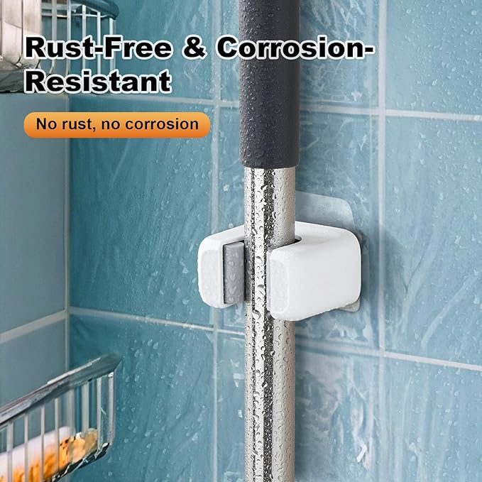 funest 6 Pack Mop and Broom Holder Wall Mount, No Drill Needed Self Adhesive, Non-Slip Mop Grippers for Tile Walls - Kitchen, Bathroom, Garage（White）