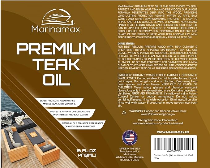 Marinamax Premium Teak Oil 16 Oz | Wood Oil, Preserver, Stain, Sealer, and Protector | Great for Teak Furniture and Boat and Marine Interior Teak Wood