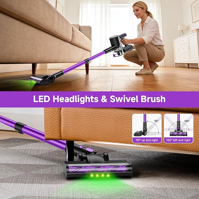 Cordless Vacuum Cleaner, 500W/40Kpa Vacuum Cleaners for Home, Stick Vacuum Cordless with LED Display, Anti-Tangle & Wall Mount, 8 in 1 Lightweight Vacuum for Hard Floors Pet Hair(Purple)