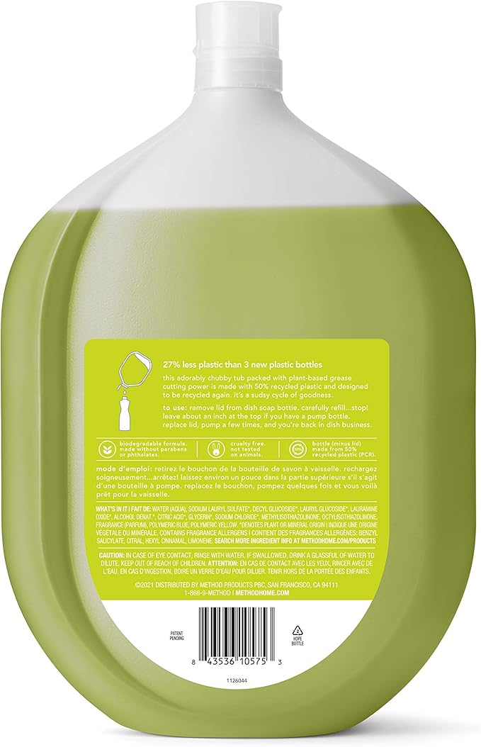 Method Gel Dish Soap Refill, Lime + Sea Salt Scent, Powerful Cleaning Formula, Large Refill Tub, Cuts Through Grease, 54 Fl Oz