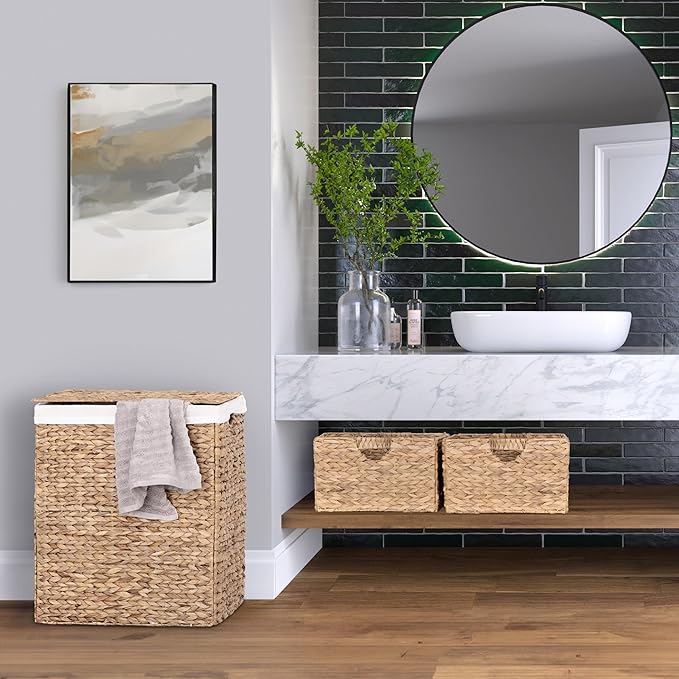 Seville Classics Premium Natural Handwoven Portable Laundry Bin Basket with Carrying Handles, Natural Water Hyacinth, Rectangular, Volume: 2.5 bushels or 3.1 cu. ft, 18.5" W x 12.2" D x 24" H