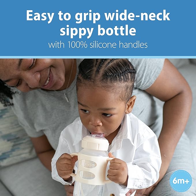 Dr. Brown's Milestones Sippy Spout Bottles, Wide-Neck & Narrow, 100% Silicone Handles, Easy-Grip, 9oz/270mL & 8oz/250mL, Black & Ecru, 2-Pack, 6m+