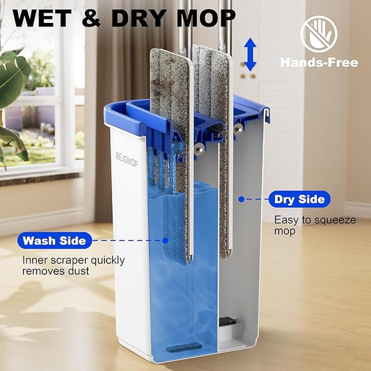 Mop and Bucket Set with Wringer, Squeeze Wall Mop Cleaner with Long Handle, Flat Mop and Bucket System, Dry & Wet Dust Mops for Household Floor Cleaning with 3 Microfiber Mops, Slate Blue