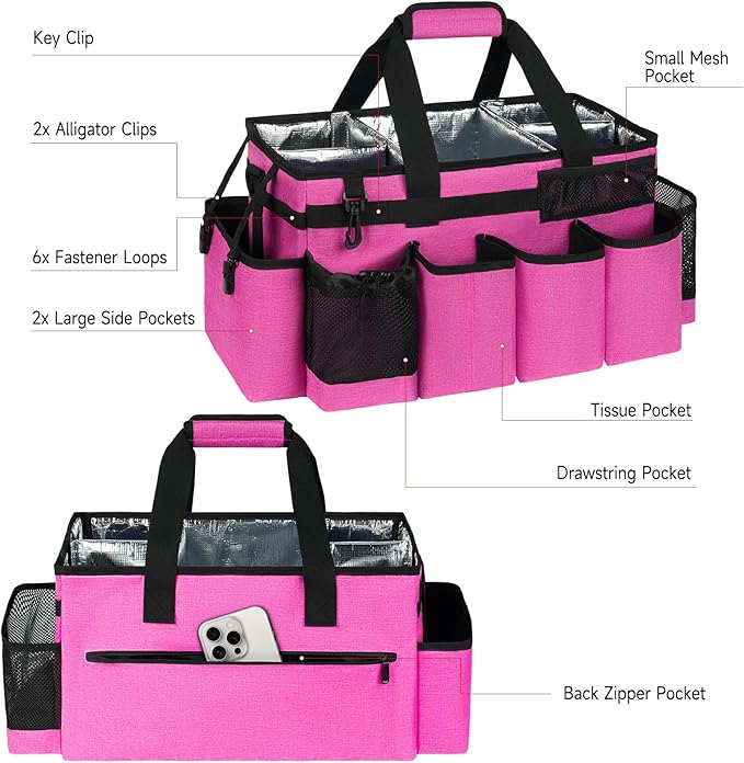 Cleaning Caddy Bag, Extra Large Cleaning Supplies Organizer for Housekeepers, Housekeeping Caddy with Handle and Detachable Padded Cushion, Pink