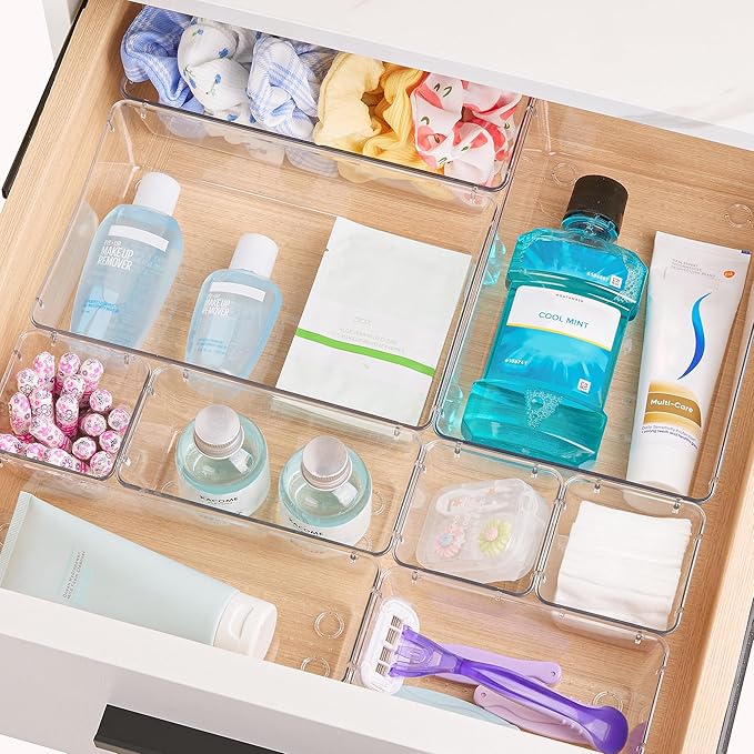 Vtopmart 15 PCS Clear Plastic Drawer Organizers Set, 4-Size Versatile Bathroom and Vanity Organizer Trays, Non-Slip Storage Containers for Makeup, Jewelries, Bedroom，Kitchen Utensils and Office
