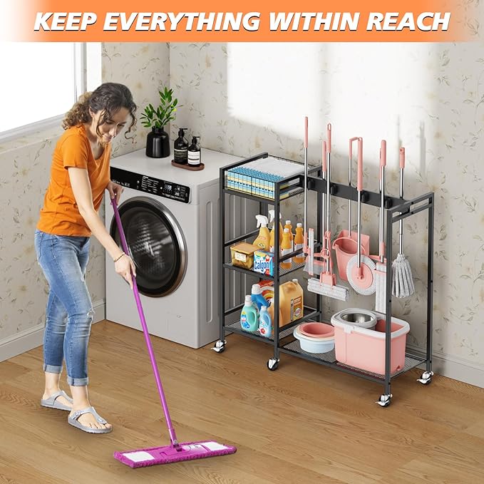 Broom and Mop Holder, Broom Closet Storage Cabinet with Cleaning Supplies Organizer, 2-in-1 Broom Mop and Cleaning Supplies Storage Cleaning Cart, Cleaning Cart with Wheels for Housekeeping