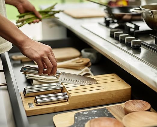Joseph Joseph Elevate Kitchen Knives 5-piece Japanesse Stainless Steel knife set, in drawer Bamboo Block organizer tray