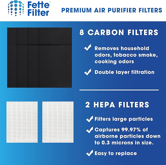 Fette Filter - D360 Premium Replacement Filter D3 Compatible with Winix D360 Air Purifier Part Number 1712-0101-02, 1712010102 Qty 2 and 8 Activated Carbon Filter