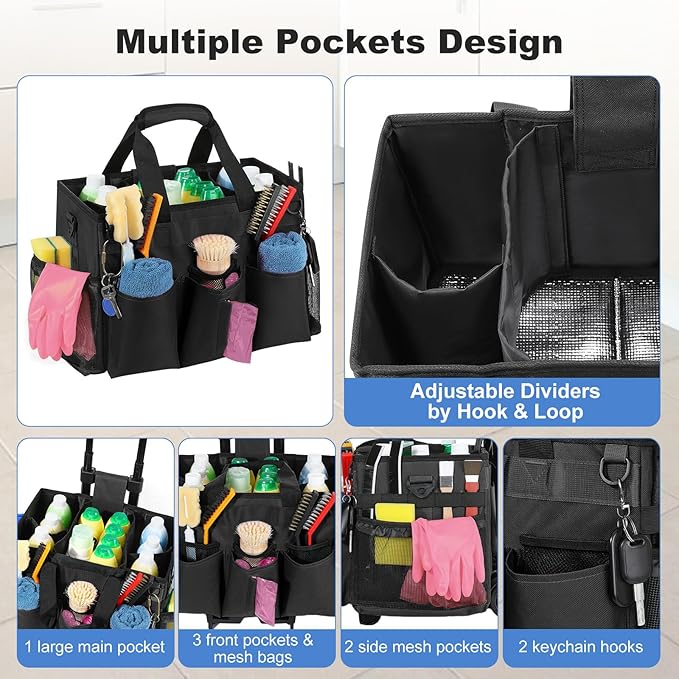 Housolution Rolling Cleaning Caddy Bag with Detachable Trolley, Professional Portable Large Cleaning Bag with Wheels, Wearable Cleaning Supply Bag on Wheels for Housekeepers, Black