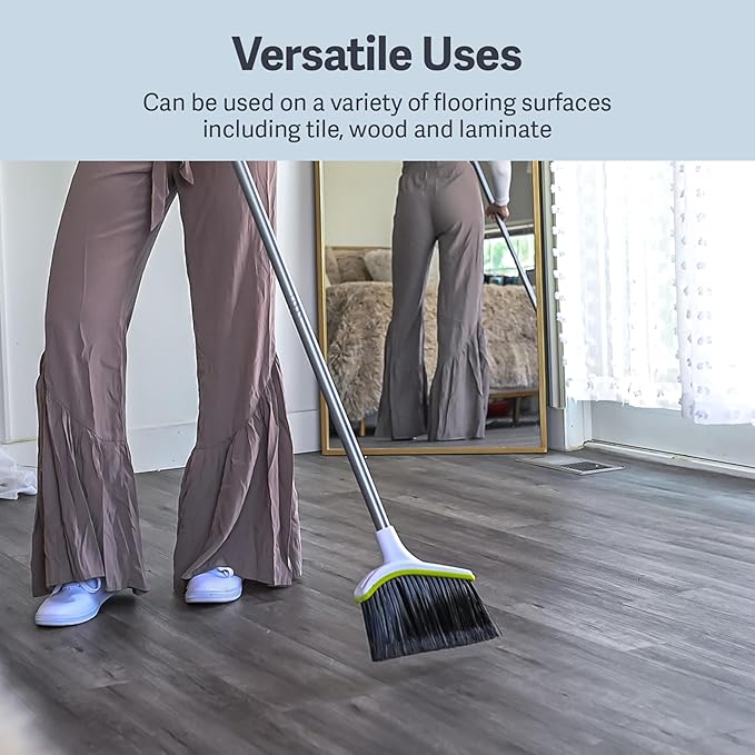 Casabella Basics 2-Piece Angled Broom and Dustpan Set, 44" Angled Broom with Long Handle and Dustpan, Silver/Green