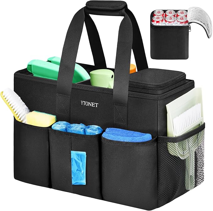 Ytonet Cleaning Caddy Bag, Large Cleaning Supplies Organizer with Handle & Foldable Divider for Cleaners, Water Resistant Housekeeping Supplies for Kitchen, Car Tool Caddy Organizer Bag, Black