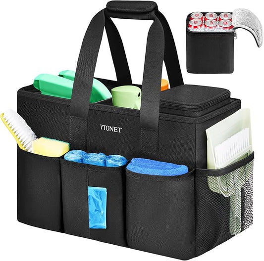 Ytonet Cleaning Caddy Bag, Large Cleaning Supplies Organizer with Handle & Foldable Divider for Cleaners, Water Resistant Housekeeping Supplies for Kitchen, Car Tool Caddy Organizer Bag, Black