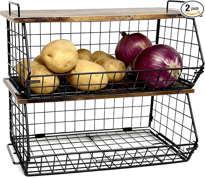 2 Pack Extra Large Pantry Organizers and Storage Stackable Trash Bag Holder,Laundry Room Organizers Basket with Wood Top,Wall Mount Large Standard Garbage Bag Dispenser,Under Sink Organization