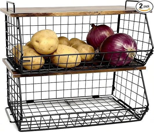 2 Pack Extra Large Pantry Organizers and Storage Stackable Trash Bag Holder,Laundry Room Organizers Basket with Wood Top,Wall Mount Large Standard Garbage Bag Dispenser,Under Sink Organization