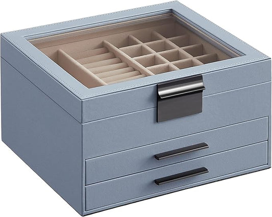 SONGMICS GISELLA Collection - Jewelry Box Organizer, 3-Layer Jewelry Storage with 2 Drawers, Shiny Metal Hardware, Glass Lid, Modern, 8 x 9.1 x 5.3 Inches, Smoky Blue and Silver Color UJBC239BU
