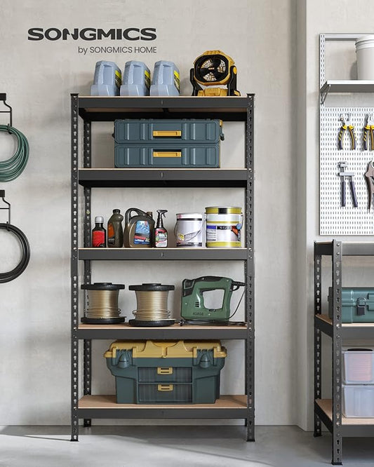 SONGMICS 5-Tier Storage Shelves, Load 2310 lb, Garage Storage, Boltless Assembly, Adjustable Shelving Unit, 17.7 x 35.4 x 70.9 Inches, for Study Shed Basement, Black and Natural Beige UGLR450B01