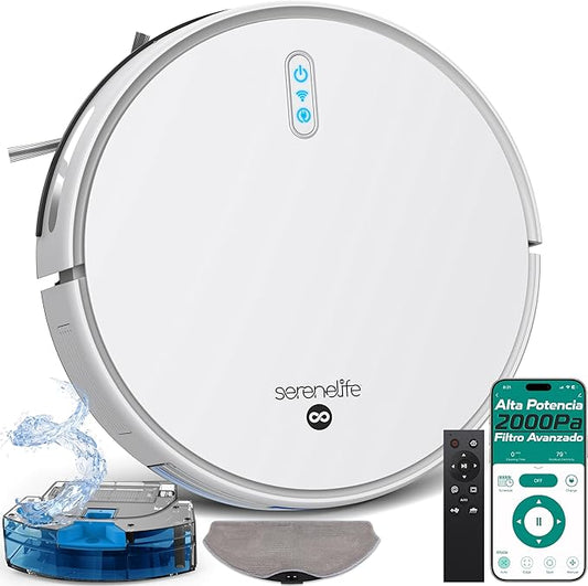 SereneLife Automatic Robot Vacuum Cleaner and Mop Combo, Pro Edition with Upgraded Battery, Extreme Suction, Internal Water Tank - Smart App Control, Ideal for Pet Hair, Carpet and Hard Floors, White