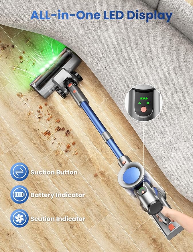 Dzaki Cordless Vacuum Cleaner, Stick Vacuum with Smart LED Display, 50KPA 55Mins Vacuum Cleaners for Home, Powerful Suction, Anti-Tangled Lightweight Rechargeable Vac for Pet Hair, Carpet