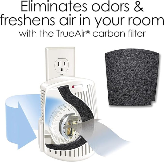 Hamilton Beach TrueAir Plug-Mount Odor Eliminator with Carbon Filter + Green Mountain Scent Cartridge, Common Household-Tobacco, Pet, Bathroom, Trash, On/Off Fan (04530GM)