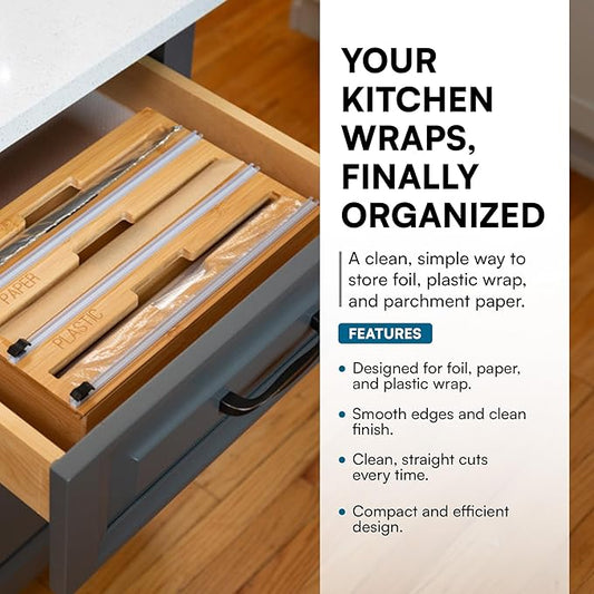 Honey Can Do 3-In-1 Bamboo Food Wrap Organizer With Safety Cutter | Plastic, Wax, Paper and Foil Holder KCH-09858 Natural