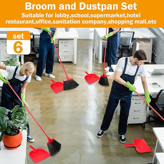 Maxcheck 6 Pcs Broom and Dustpan Set 54 Inch Heavy Duty Indoor Brooms with Dust Pan Combo Bulk for Commercial Shop Angle Home Office Lobby Kitchen(Red)