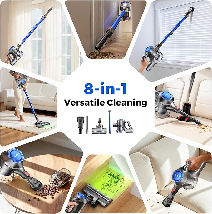 Cordless Vacuum Cleaner, 40Kpa Powerful Suction Stick Vacuum Cleaners for Home, 45 Mins Runtime, 1.6L Dust Box, Anti-Tangle, 8-in-1 Rechargeable Vacuum for Hardwood Floor, Carpet, Pet Hair
