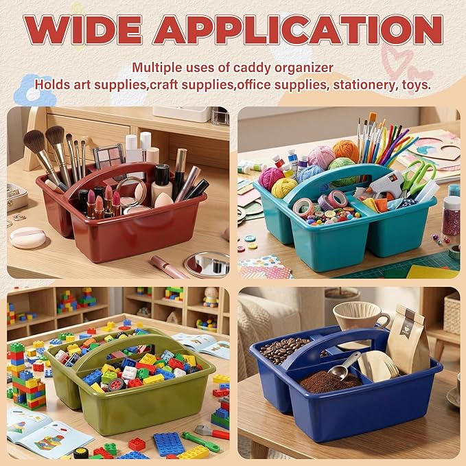 Kathfly 4 Pack Caddy Organizer with Handle, Stackable Organization Storage, Small Plastic Basket Classroom Caddy for Table Desk Office Pencil Kids Room Craft Art Teacher School Supplies (Deep Color)